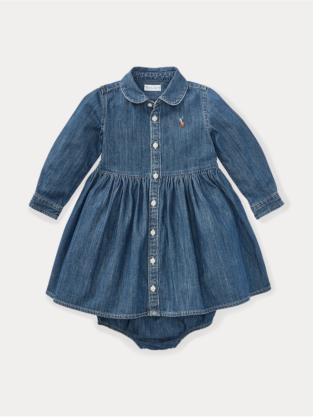 Ralph Lauren Blue Shirred Denim Button-Front Baby Dress 18M Embroidered Pony